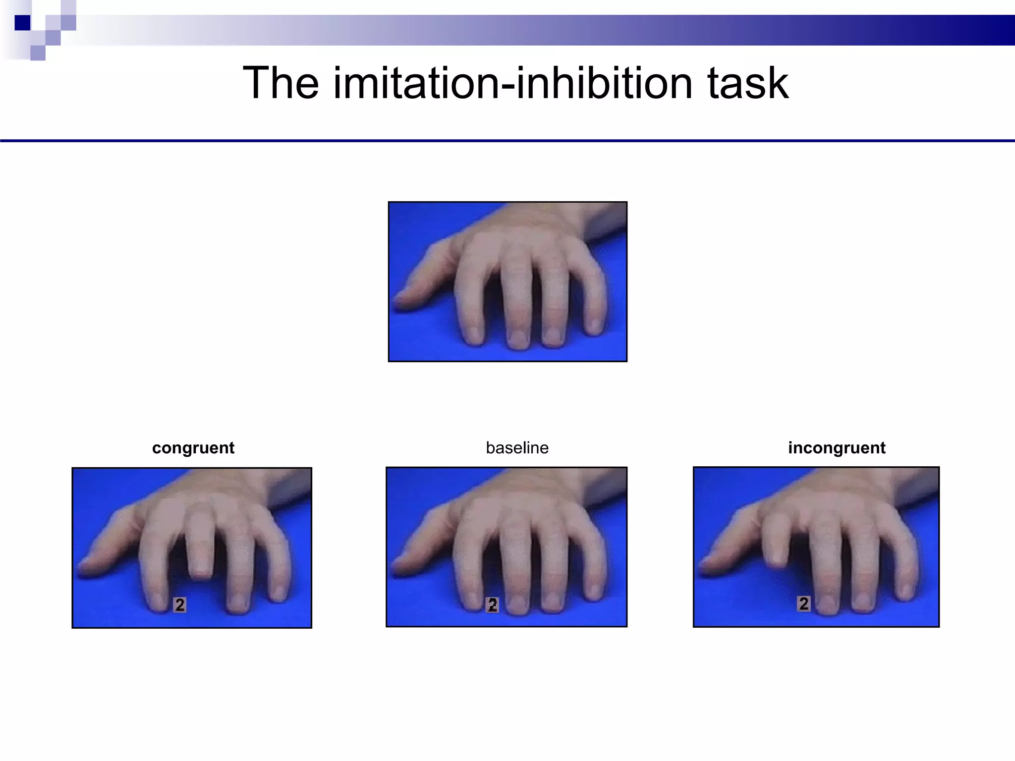 The imitation-inhibition task




congruent               baseline        incongruent
 