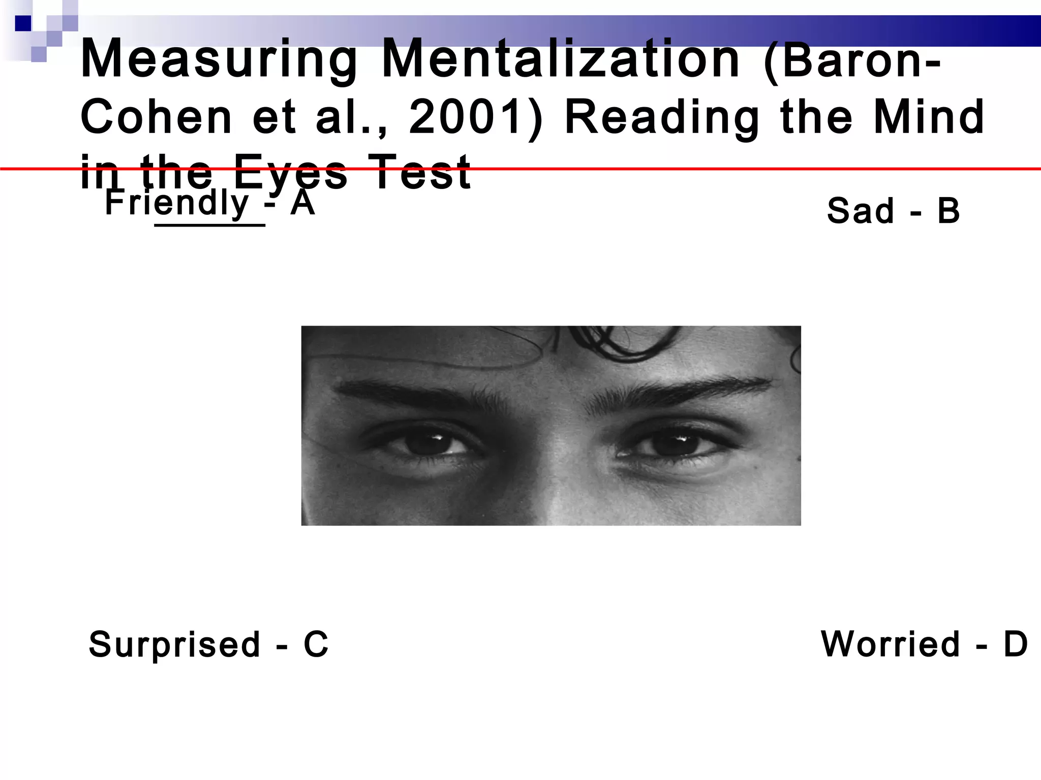 Measuring Mentalization (Baron-
Cohen et al., 2001) Reading the Mind
in the Eyes Test
Friendly - A                 Sad - B




Surprised - C                Worried - D
 