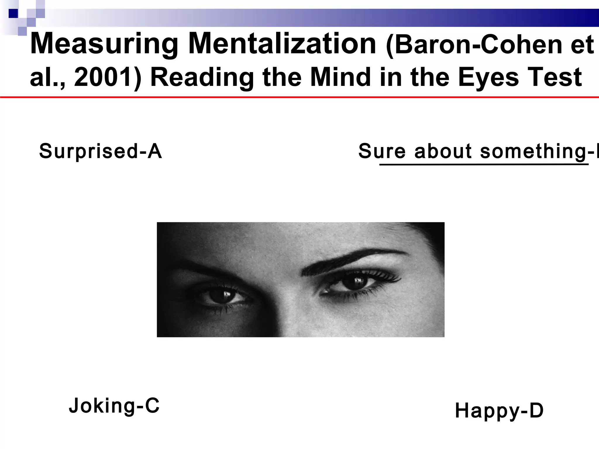 Measuring Mentalization (Baron-Cohen et
al., 2001) Reading the Mind in the Eyes Test

Surprised-A               Sure about something-B




   Joking-C                       Happy-D
 