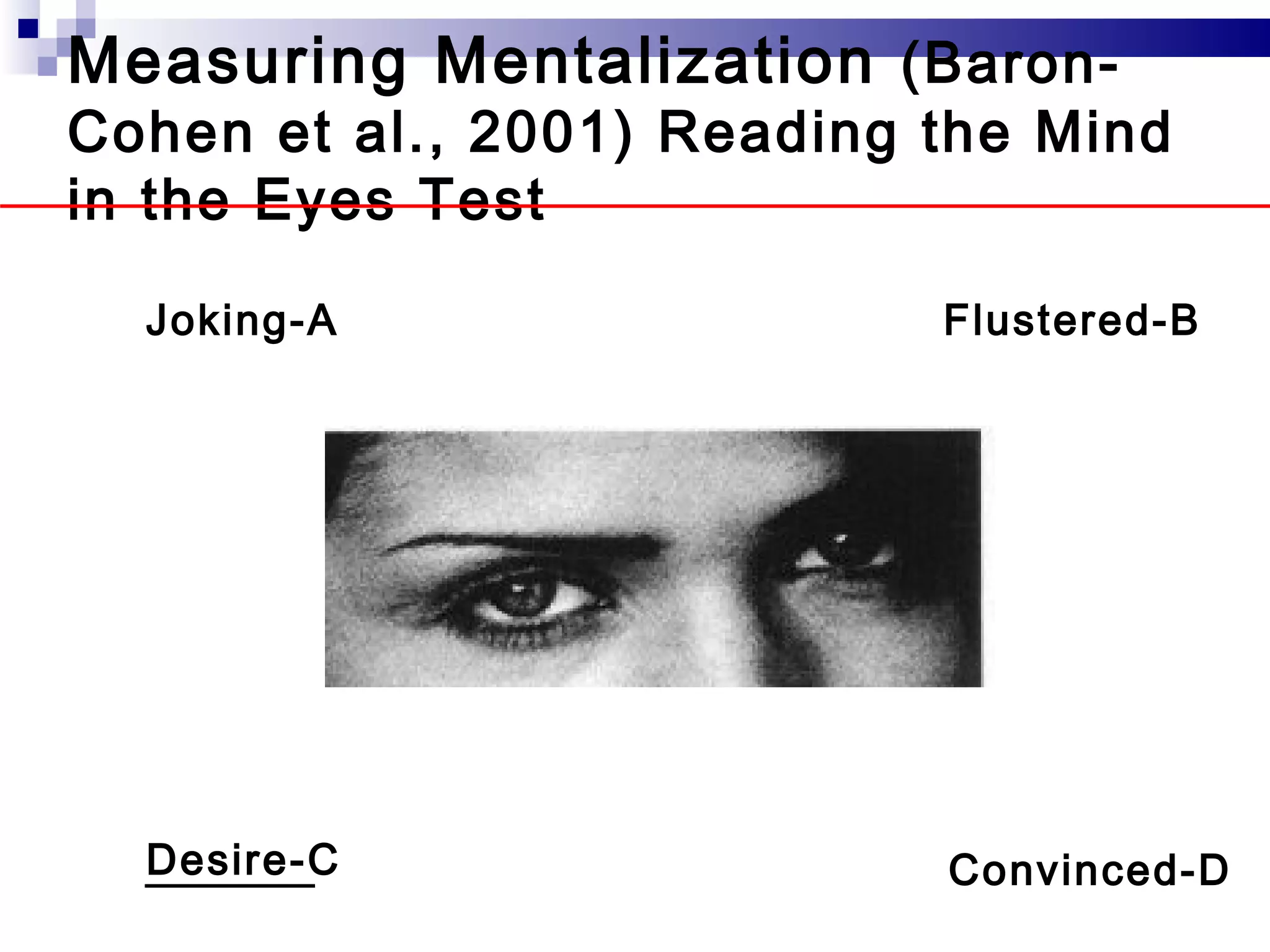 Measuring Mentalization (Baron-
Cohen et al., 2001) Reading the Mind
in the Eyes Test

  Joking-A                  Flustered-B




  Desire-C                  Convinced-D
 