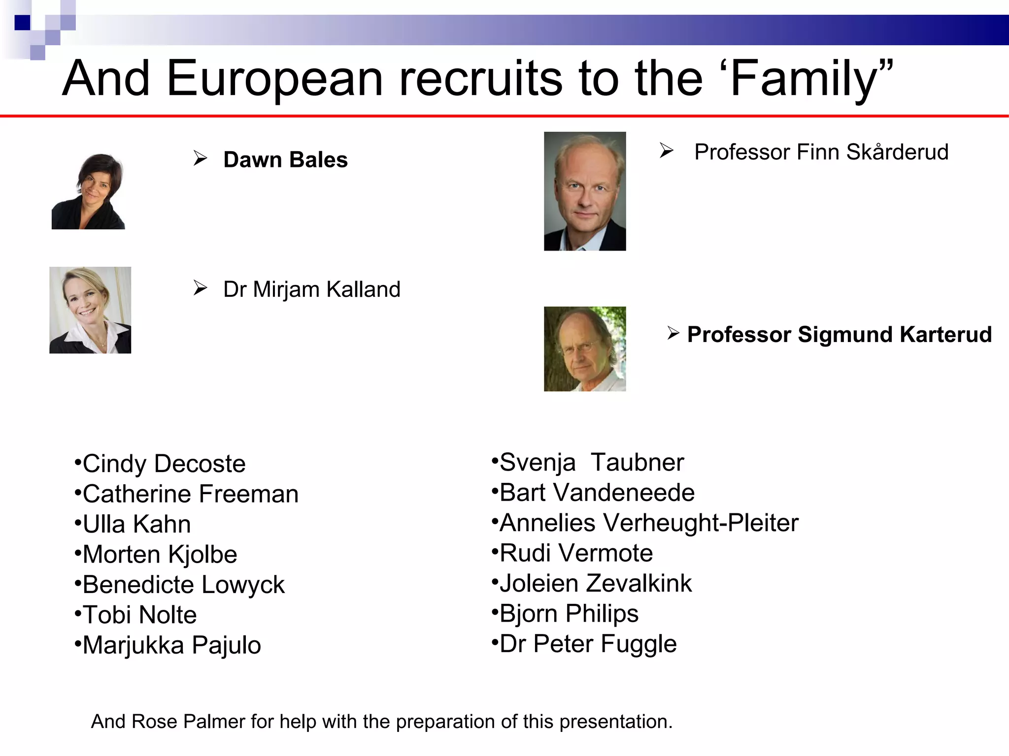 And European recruits to the ‘Family”
             Dawn Bales                                           Professor Finn Skårderud




             Dr Mirjam Kalland
                                                                    Professor Sigmund Karterud




•Cindy Decoste                                •Svenja Taubner
•Catherine Freeman                            •Bart Vandeneede
•Ulla Kahn                                    •Annelies Verheught-Pleiter
•Morten Kjolbe                                •Rudi Vermote
•Benedicte Lowyck                             •Joleien Zevalkink
•Tobi Nolte                                   •Bjorn Philips
•Marjukka Pajulo                              •Dr Peter Fuggle


 And Rose Palmer for help with the preparation of this presentation.
 