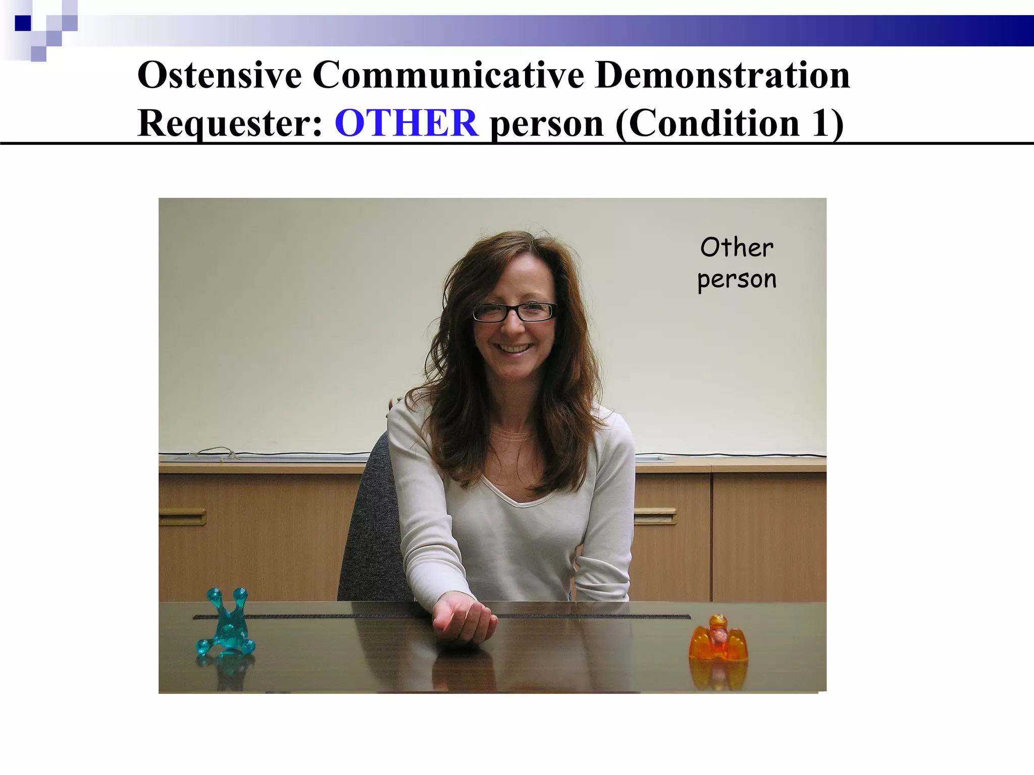 Ostensive Communicative Demonstration
Requester: OTHER person (Condition 1)

                            Other
                            person
 