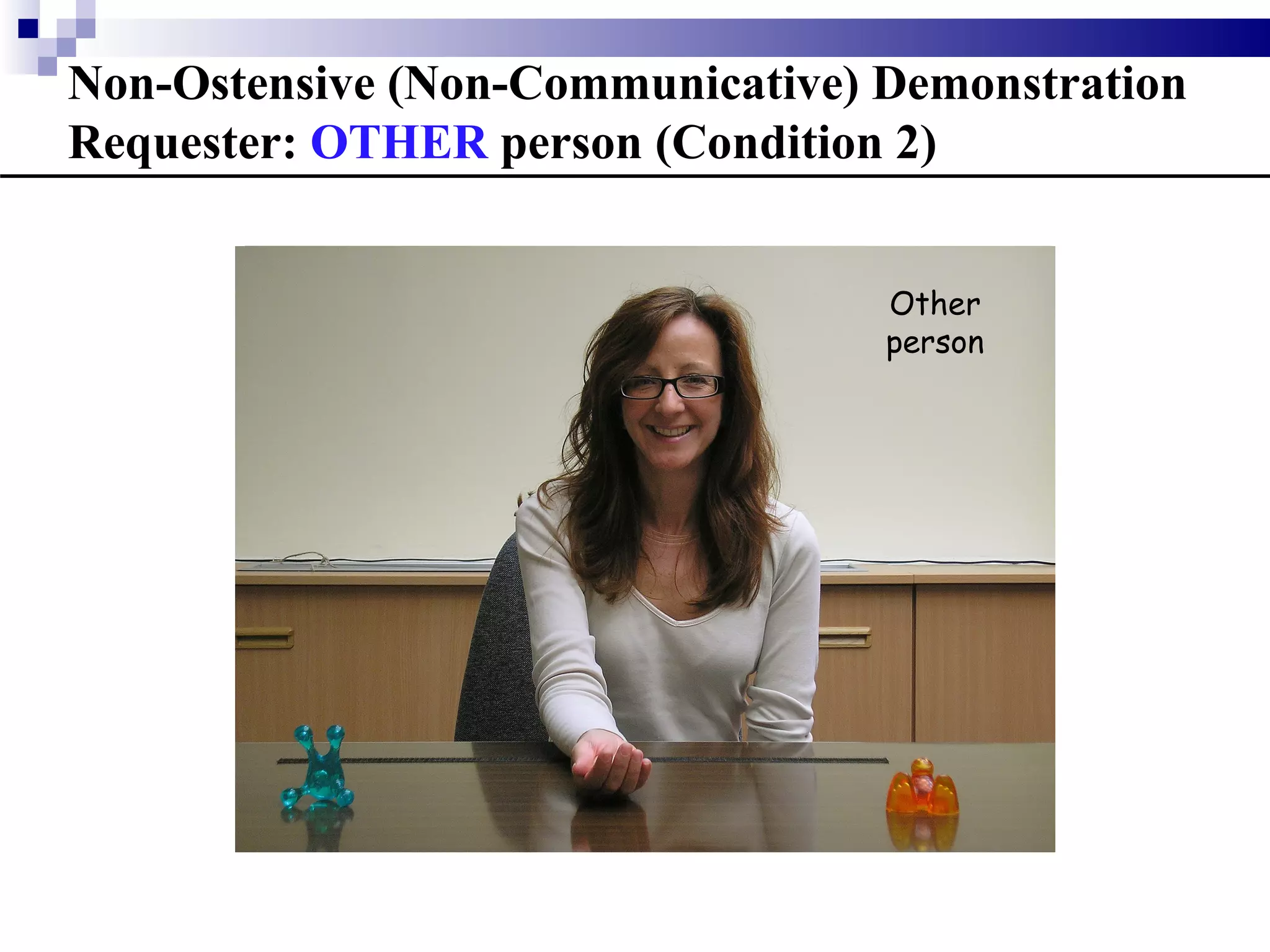 Non-Ostensive (Non-Communicative) Demonstration
Requester: OTHER person (Condition 2)


                                  Other
                                  person
 