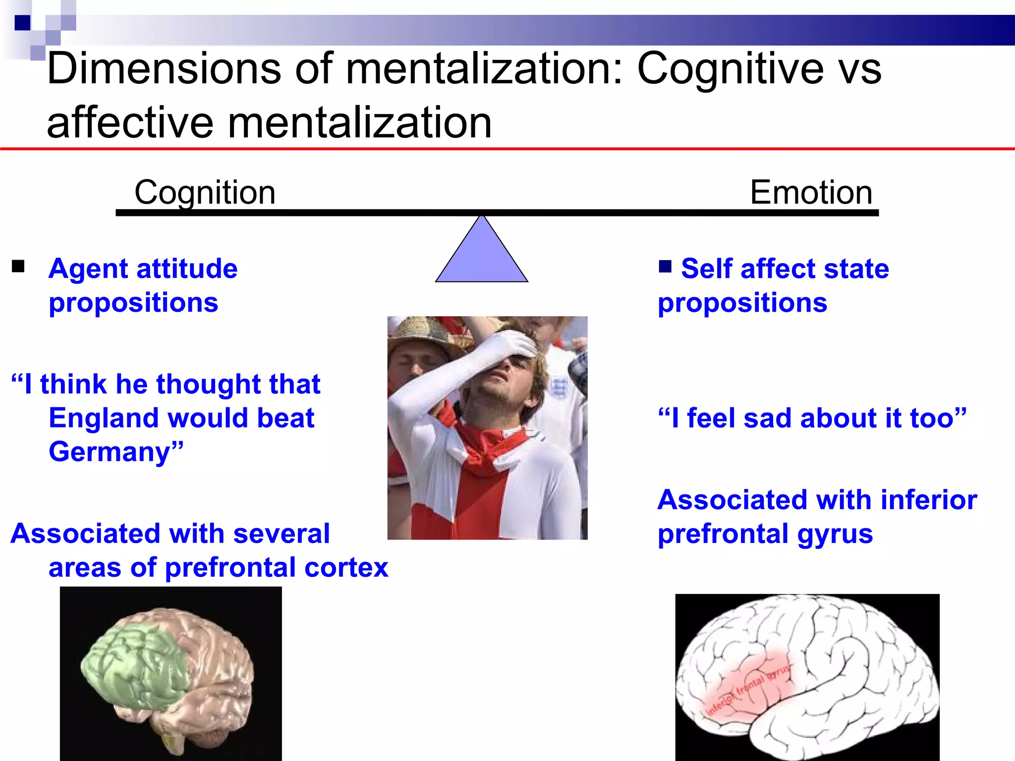 Dimensions of mentalization: Cognitive vs
    affective mentalization
          Cognition                     Emotion

   Agent attitude                Self affect state
    propositions                 propositions

“I think he thought that
    England would beat           “I feel sad about it too”
    Germany”
                                 Associated with inferior
Associated with several          prefrontal gyrus
  areas of prefrontal cortex
 