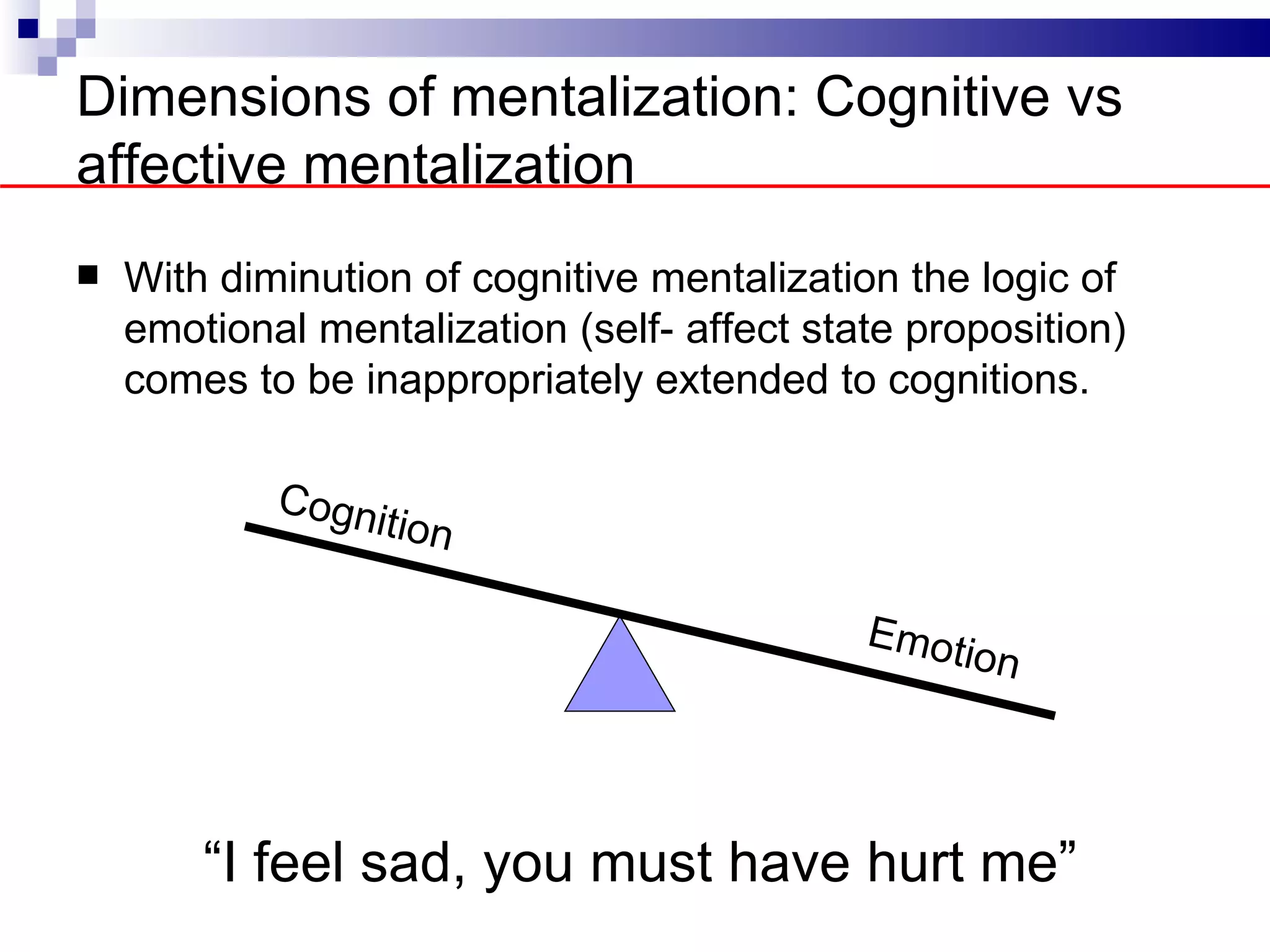 Dimensions of mentalization: Cognitive vs
affective mentalization
   With diminution of cognitive mentalization the logic of
    emotional mentalization (self- affect state proposition)
    comes to be inappropriately extended to cognitions.

            Cogn
                ition

                                             Emot
                                                    ion




        “I feel sad, you must have hurt me”
 