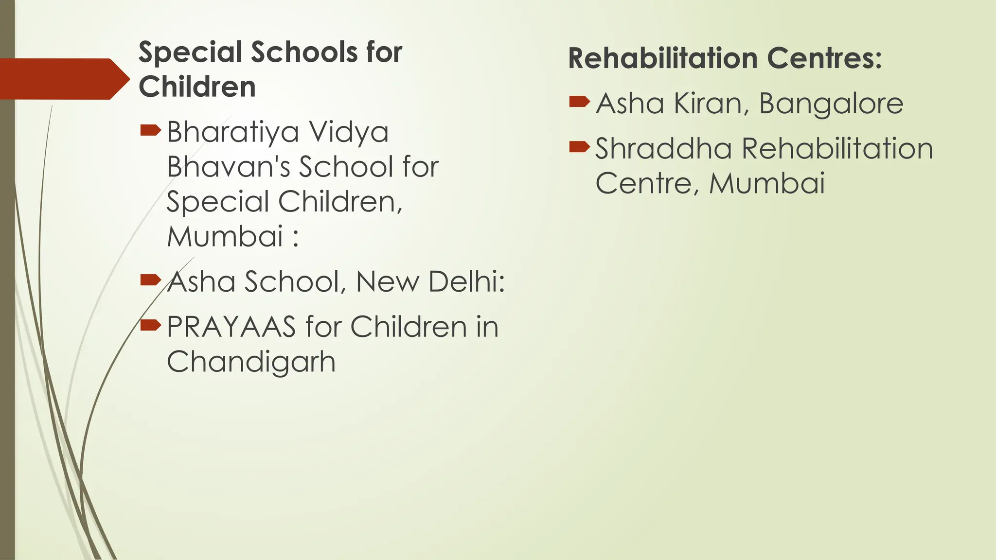 Special Schools for
Children
Bharatiya Vidya
Bhavan's School for
Special Children,
Mumbai :
Asha School, New Delhi:
PRAYAAS for Children in
Chandigarh
Rehabilitation Centres:
Asha Kiran, Bangalore
Shraddha Rehabilitation
Centre, Mumbai
 