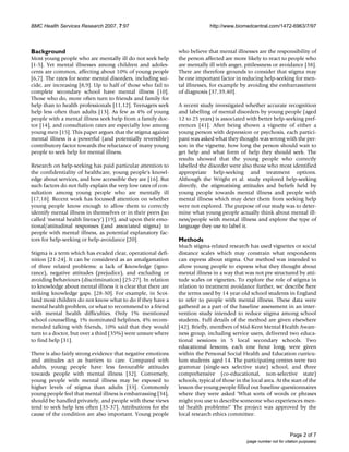 BMC Health Services Research 2007, 7:97 http://www.biomedcentral.com/1472-6963/7/97
Page 2 of 7
(page number not for citation purposes)
Background
Most young people who are mentally ill do not seek help
[1-5]. Yet mental illnesses among children and adoles-
cents are common, affecting about 10% of young people
[6,7]. The rates for some mental disorders, including sui-
cide, are increasing [8,9]. Up to half of those who fail to
complete secondary school have mental illness [10].
Those who do, more often turn to friends and family for
help than to health professionals [11,12]. Teenagers seek
help less often than adults [13]. As few as 4% of young
people with a mental illness seek help from a family doc-
tor [14], and consultation rates are especially low among
young men [15]. This paper argues that the stigma against
mental illness is a powerful (and potentially reversible)
contributory factor towards the reluctance of many young
people to seek help for mental illness.
Research on help-seeking has paid particular attention to
the confidentiality of healthcare, young people's knowl-
edge about services, and how accessible they are [16]. But
such factors do not fully explain the very low rates of con-
sultation among young people who are mentally ill
[17,18]. Recent work has focussed attention on whether
young people know enough to allow them to correctly
identify mental illness in themselves or in their peers (so
called 'mental health literacy') [19], and upon their emo-
tional/attitudinal responses (and associated stigma) to
people with mental illness, as potential explanatory fac-
tors for help-seeking or help-avoidance [20].
Stigma is a term which has evaded clear, operational defi-
nition [21-24]. It can be considered as an amalgamation
of three related problems: a lack of knowledge (igno-
rance), negative attitudes (prejudice), and excluding or
avoiding behaviours (discrimination) [25-27]. In relation
to knowledge about mental illness it is clear that there are
striking knowledge gaps. [28-30]. For example, in Scot-
land most children do not know what to do if they have a
mental health problem, or what to recommend to a friend
with mental health difficulties. Only 1% mentioned
school counselling, 1% nominated helplines, 4% recom-
mended talking with friends, 10% said that they would
turn to a doctor, but over a third (35%) were unsure where
to find help [31].
There is also fairly strong evidence that negative emotions
and attitudes act as barriers to care. Compared with
adults, young people have less favourable attitudes
towards people with mental illness [32]. Conversely,
young people with mental illness may be exposed to
higher levels of stigma than adults [33]. Commonly
young people feel that mental illness is embarrassing [34],
should be handled privately, and people with these views
tend to seek help less often [35-37]. Attributions for the
cause of the condition are also important. Young people
who believe that mental illnesses are the responsibility of
the person affected are more likely to react to people who
are mentally ill with anger, pitilessness or avoidance [38].
There are therefore grounds to consider that stigma may
be one important factor in reducing help-seeking for men-
tal illnesses, for example by avoiding the embarrassment
of diagnosis [37,39,40].
A recent study investigated whether accurate recognition
and labelling of mental disorders by young people (aged
12 to 25 years) is associated with better help-seeking pref-
erences [41]. After being shown a vignette of either a
young person with depression or psychosis, each partici-
pant was asked what they thought was wrong with the per-
son in the vignette, how long the person should wait to
get help and what form of help they should seek. The
results showed that the young people who correctly
labelled the disorder were also those who most identified
appropriate help-seeking and treatment options.
Although the Wright et al. study explored help-seeking
directly, the stigmatising attitudes and beliefs held by
young people towards mental illness and people with
mental illness which may deter them from seeking help
were not explored. The purpose of our study was to deter-
mine what young people actually think about mental ill-
ness/people with mental illness and explore the type of
language they use to label it.
Methods
Much stigma-related research has used vignettes or social
distance scales which may constrain what respondents
can express about stigma. Our method was intended to
allow young people to express what they thought about
mental illness in a way that was not pre structured by atti-
tude scales or vignettes. To explore the role of stigma in
relation to treatment avoidance further, we describe here
the terms used by 14 year-old school students in England
to refer to people with mental illness. These data were
gathered as a part of the baseline assessment in an inter-
vention study intended to reduce stigma among school
students. Full details of the method are given elsewhere
[42]. Briefly, members of Mid-Kent Mental Health Aware-
ness group, including service users, delivered two educa-
tional sessions in 5 local secondary schools. Two
educational lessons, each one hour long, were given
within the Personal Social Health and Education curricu-
lum students aged 14. The participating centres were two
grammar (single-sex selective state) school, and three
comprehensive (co-educational, non-selective state)
schools, typical of those in the local area. At the start of the
lesson the young people filled out baseline questionnaires
where they were asked 'What sorts of words or phrases
might you use to describe someone who experiences men-
tal health problems?' The project was approved by the
local research ethics committee.
 