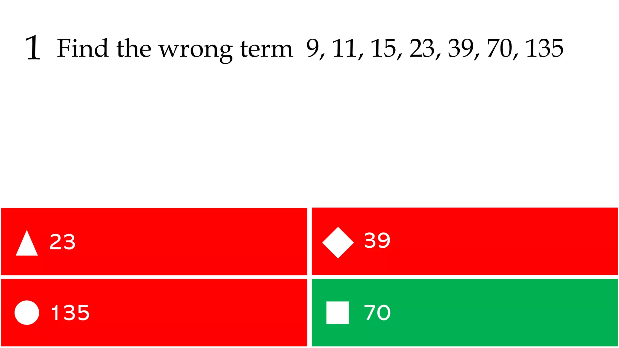 70
135
39
23
1 Find the wrong term 9, 11, 15, 23, 39, 70, 135
 