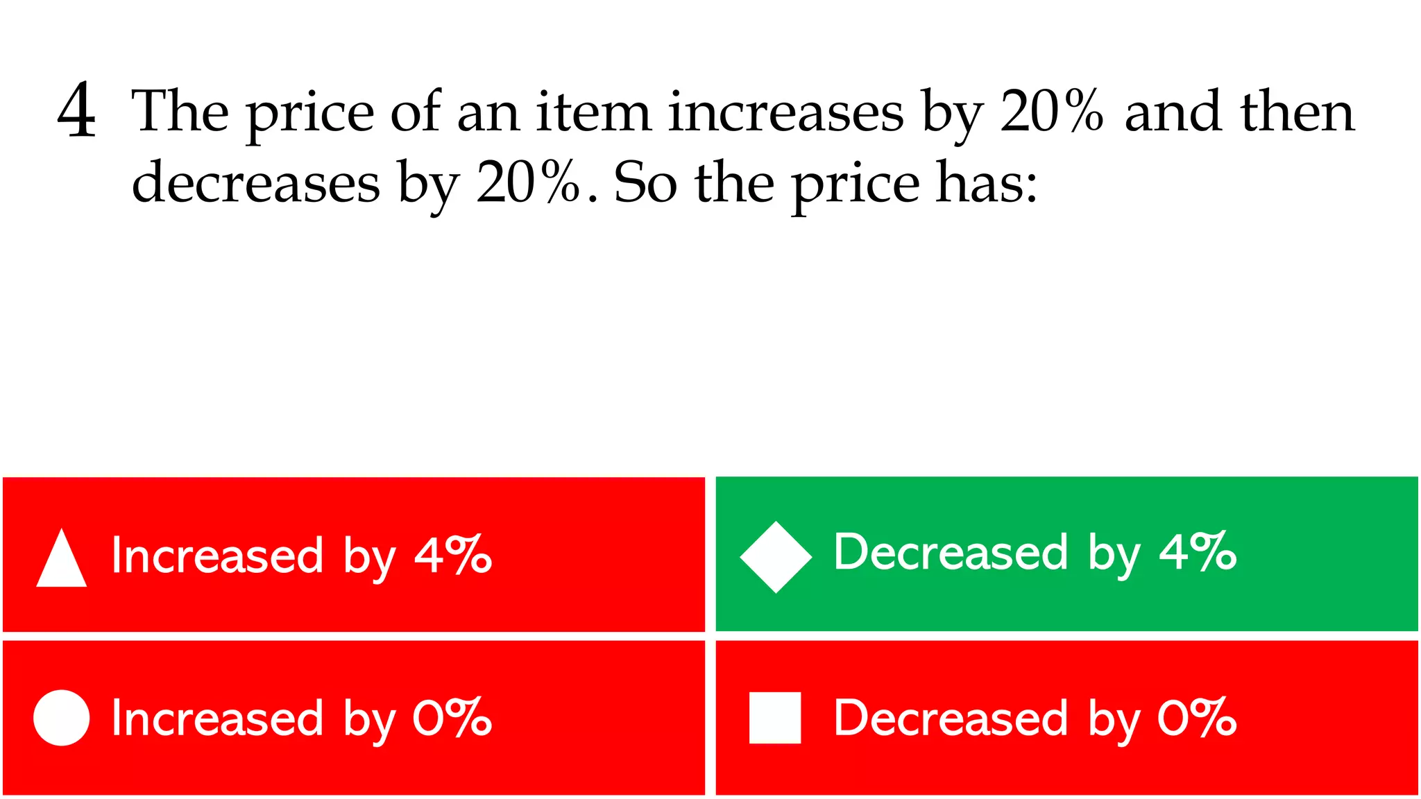 Decreased by 0%
Increased by 0%
Decreased by 4%
Increased by 4%
4 The price of an item increases by 20% and then
decreases by 20%. So the price has:
 