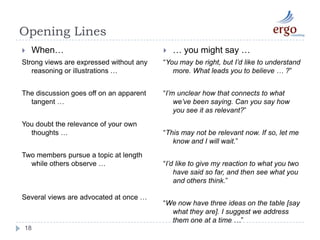 Opening Lines18When…Strong views are expressed without any reasoning or illustrations …The discussion goes off on an apparent tangent …You doubt the relevance of your own thoughts …Two members pursue a topic at length while others observe …Several views are advocated at once …… you might say …“You may be right, but I’d like to understand more. What leads you to believe … ?”“I’m unclear how that connects to what we’ve been saying. Can you say how you see it as relevant?”“This may not be relevant now. If so, let me know and I will wait.”“I’d like to give my reaction to what you two have said so far, and then see what you and others think.”“We now have three ideas on the table [say what they are]. I suggest we address them one at a time …”