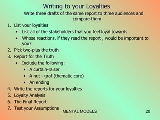 Writing to your Loyalties <ul><ul><li>Write three drafts of the same report to three audiences and compare them </li></ul>...