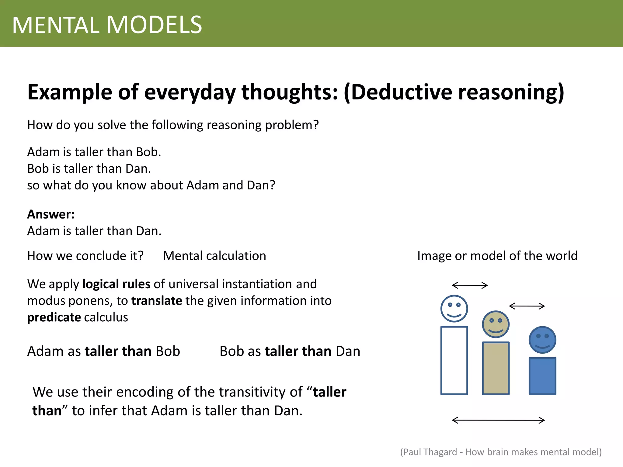 MENTAL MODELS

 Example of everyday thoughts: (Deductive reasoning)
 How do you solve the following reasoning problem?
 Adam is taller than Bob.
 Bob is taller than Dan.
 so what do you know about Adam and Dan?

 Answer:
 Adam is taller than Dan.
 How we conclude it?        Mental calculation                   Image or model of the world

 We apply logical rules of universal instantiation and
 modus ponens, to translate the given information into
 predicate calculus

 Adam as taller than Bob             Bob as taller than Dan

 We use their encoding of the transitivity of “taller
 than” to infer that Adam is taller than Dan.

                                                              (Paul Thagard - How brain makes mental model)
 