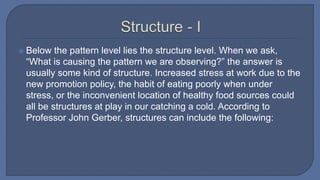  Below the pattern level lies the structure level. When we ask,
“What is causing the pattern we are observing?” the answer is
usually some kind of structure. Increased stress at work due to the
new promotion policy, the habit of eating poorly when under
stress, or the inconvenient location of healthy food sources could
all be structures at play in our catching a cold. According to
Professor John Gerber, structures can include the following:
 
