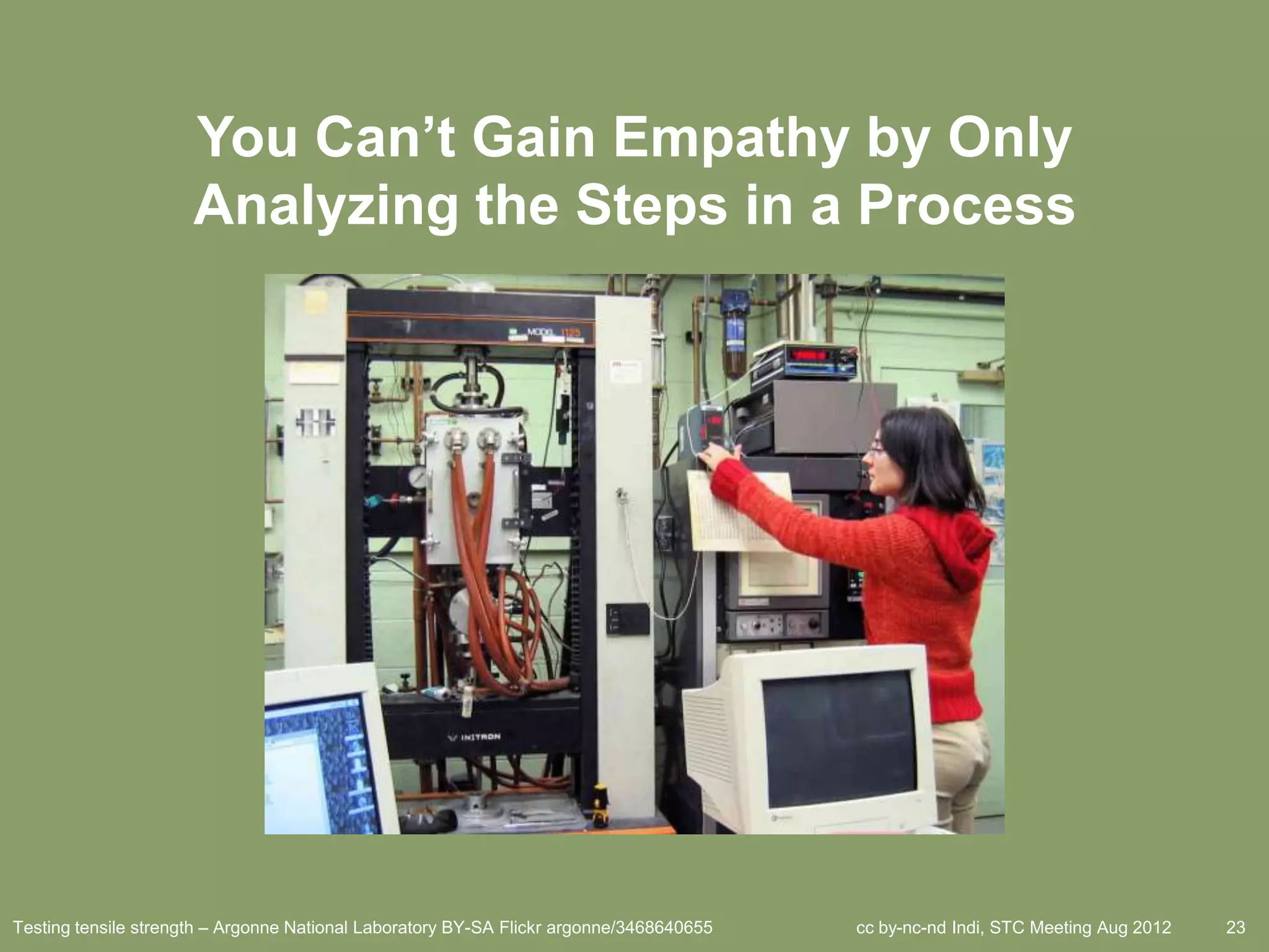 You Can’t Gain Empathy by Only
                      Analyzing the Steps in a Process




Testing tensile strength – Argonne National Laboratory BY-SA Flickr argonne/3468640655   cc by-nc-nd Indi, STC Meeting Aug 2012   23
 