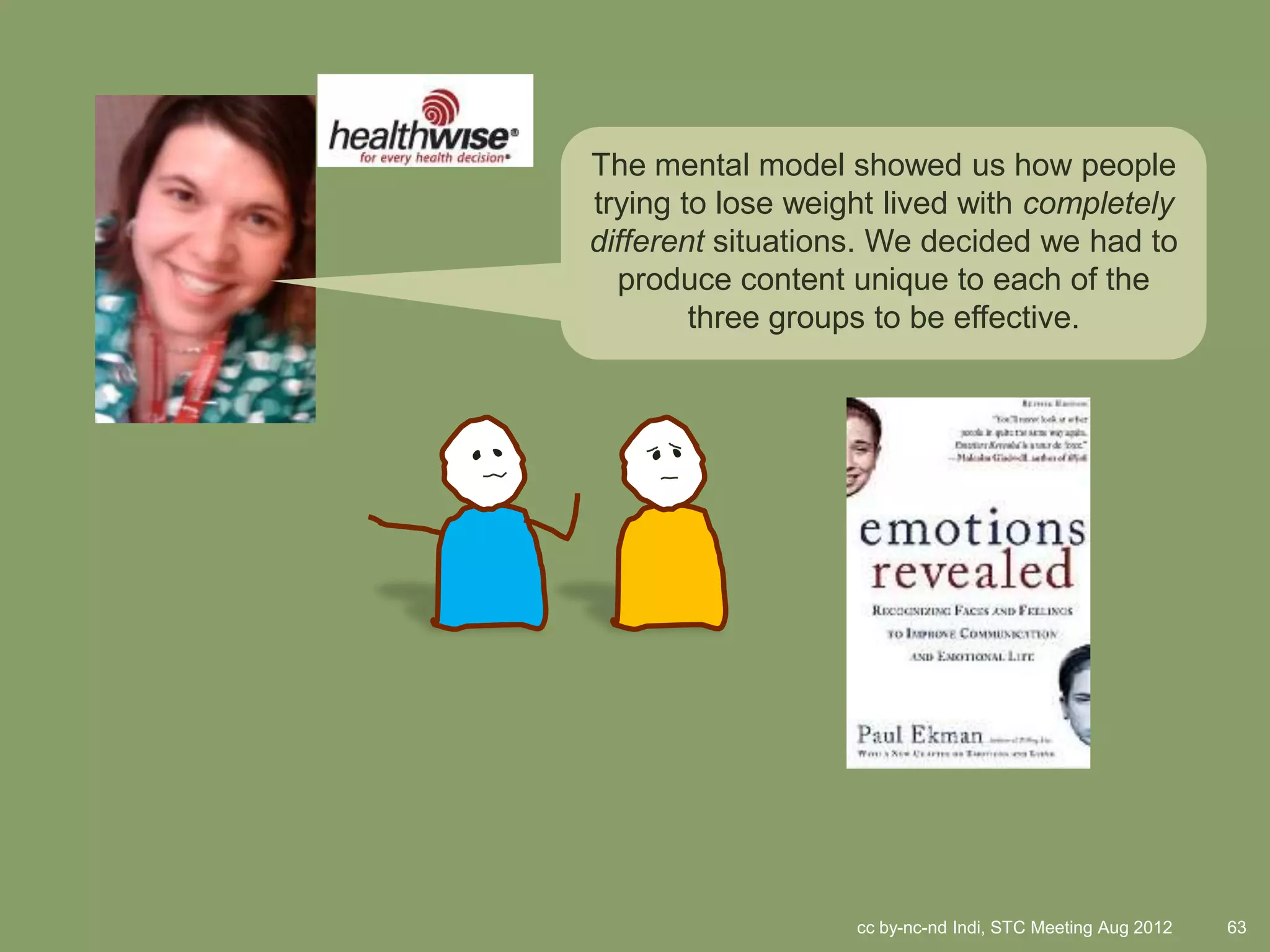 The mental model showed us how people
trying to lose weight lived with completely
different situations. We decided we had to
  produce content unique to each of the
        three groups to be effective.




                   cc by-nc-nd Indi, STC Meeting Aug 2012   63
 