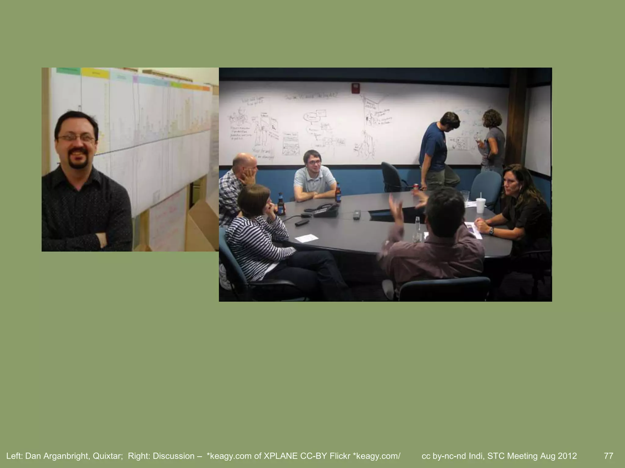 Left: Dan Arganbright, Quixtar; Right: Discussion – *keagy.com of XPLANE CC-BY Flickr *keagy.com/   cc by-nc-nd Indi, STC Meeting Aug 2012   77
 