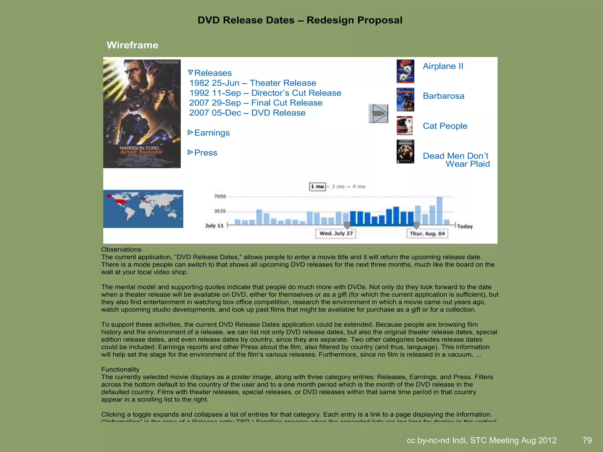 DVD Release Dates – Redesign Proposal

 Wireframe

                                                                                                                Airplane II
                               Releases
                              1982 25-Jun – Theater Release
                              1992 11-Sep – Director’s Cut Release                                              Barbarosa
                              2007 29-Sep – Final Cut Release
                              2007 05-Dec – DVD Release
                                                                                                                Cat People
                                Earnings

                                Press                                                                           Dead Men Don’t
                                                                                                                    Wear Plaid




Observations
The current application, ―DVD Release Dates,‖ allows people to enter a movie title and it will return the upcoming release date.
There is a mode people can switch to that shows all upcoming DVD releases for the next three months, much like the board on the
wall at your local video shop.

The mental model and supporting quotes indicate that people do much more with DVDs. Not only do they look forward to the date
when a theater release will be available on DVD, either for themselves or as a gift (for which the current application is sufficient), but
they also find entertainment in watching box office competition, research the environment in which a movie came out years ago,
watch upcoming studio developments, and look up past films that might be available for purchase as a gift or for a collection.

To support these activities, the current DVD Release Dates application could be extended. Because people are browsing film
history and the environment of a release, we can list not only DVD release dates, but also the original theater release dates, special
edition release dates, and even release dates by country, since they are separate. Two other categories besides release dates
could be included: Earnings reports and other Press about the film, also filtered by country (and thus, language). This information
will help set the stage for the environment of the film’s various releases. Furthermore, since no film is released in a vacuum, …

Functionality
The currently selected movie displays as a poster image, along with three category entries: Releases, Earnings, and Press. Filters
across the bottom default to the country of the user and to a one month period which is the month of the DVD release in the
defaulted country. Films with theater releases, special releases, or DVD releases within that same time period in that country
appear in a scrolling list to the right.

Clicking a toggle expands and collapses a list of entries for that category. Each entry is a link to a page displaying the information.
(―Information‖ in the case of a Release entry TBD.) Scrolling appears when the expanded lists are too long for display in the vertical
space.
                                                                                                          cc by-nc-nd Indi, STC Meeting Aug 2012
The list of co-released films to the right can be toggled on and off. Clicking one of these entries puts it in the primary display location
                                                                                                                                                   79
 