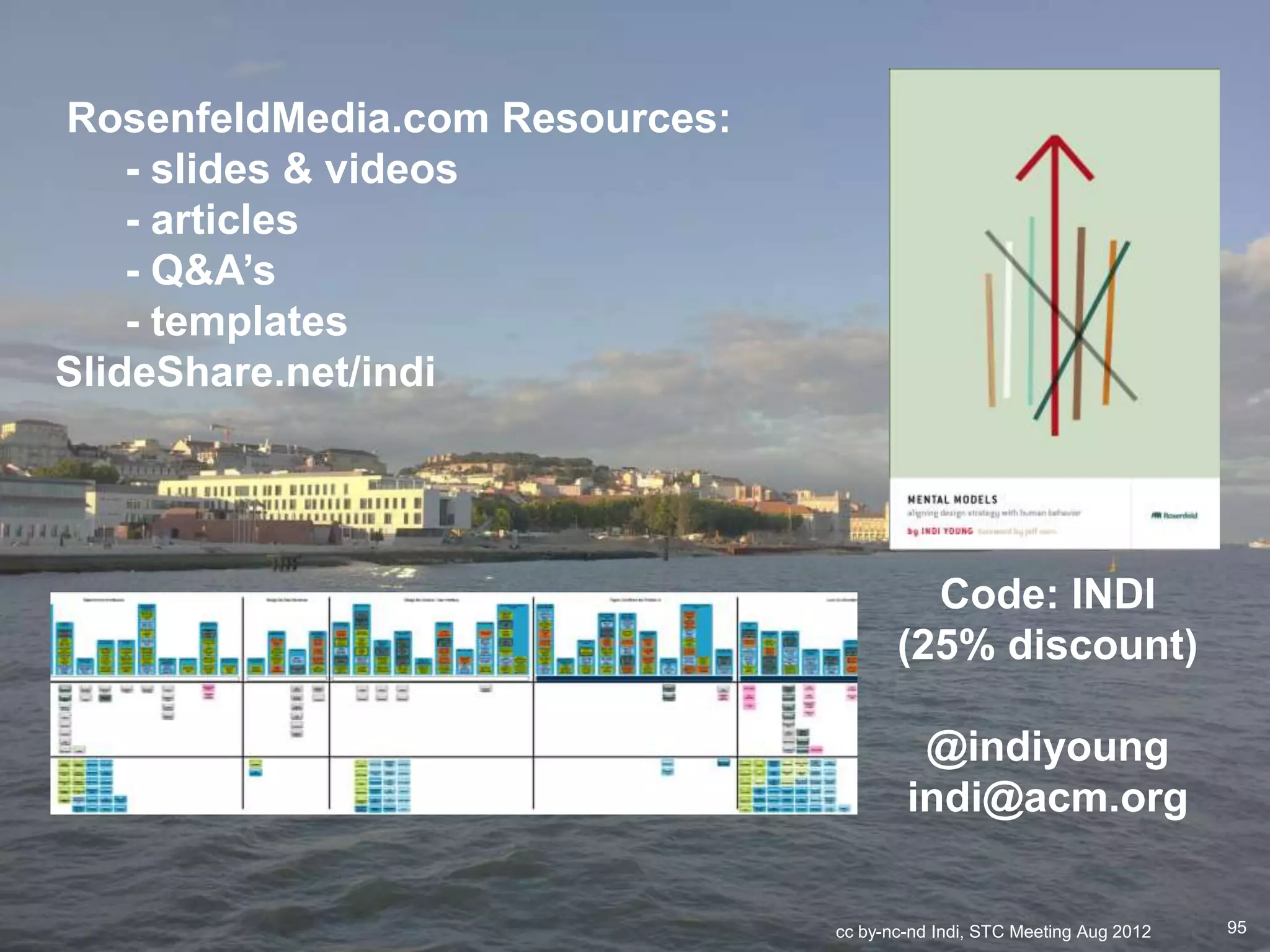 RosenfeldMedia.com Resources:
    - slides & videos
    - articles
    - Q&A’s
    - templates
SlideShare.net/indi




                                         Code: INDI
                                       (25% discount)

                                         @indiyoung
                                        indi@acm.org

                                cc by-nc-nd Indi, STC Meeting Aug 2012   95
 