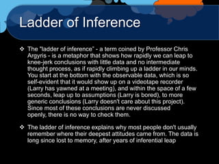Ladder of Inference
 The "ladder of inference” - a term coined by Professor Chris
  Argyris - is a metaphor that shows how rapidly we can leap to
  knee-jerk conclusions with little data and no intermediate
  thought process, as if rapidly climbing up a ladder in our minds.
  You start at the bottom with the observable data, which is so
  self-evident that it would show up on a videotape recorder
  (Larry has yawned at a meeting), and within the space of a few
  seconds, leap up to assumptions (Larry is bored), to more
  generic conclusions (Larry doesn't care about this project).
  Since most of these conclusions are never discussed
  openly, there is no way to check them.

 The ladder of inference explains why most people don't usually
  remember where their deepest attitudes came from. The data is
  long since lost to memory, after years of inferential leap
 