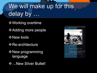 We will make up for this
delay by …
Working overtime
Adding more people
New tools
Re-architecture
New programming
 language
…New Silver Bullet!
 
