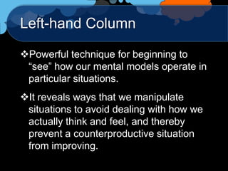 Left-hand Column

Powerful technique for beginning to
 “see” how our mental models operate in
 particular situations.
It reveals ways that we manipulate
 situations to avoid dealing with how we
 actually think and feel, and thereby
 prevent a counterproductive situation
 from improving.
 