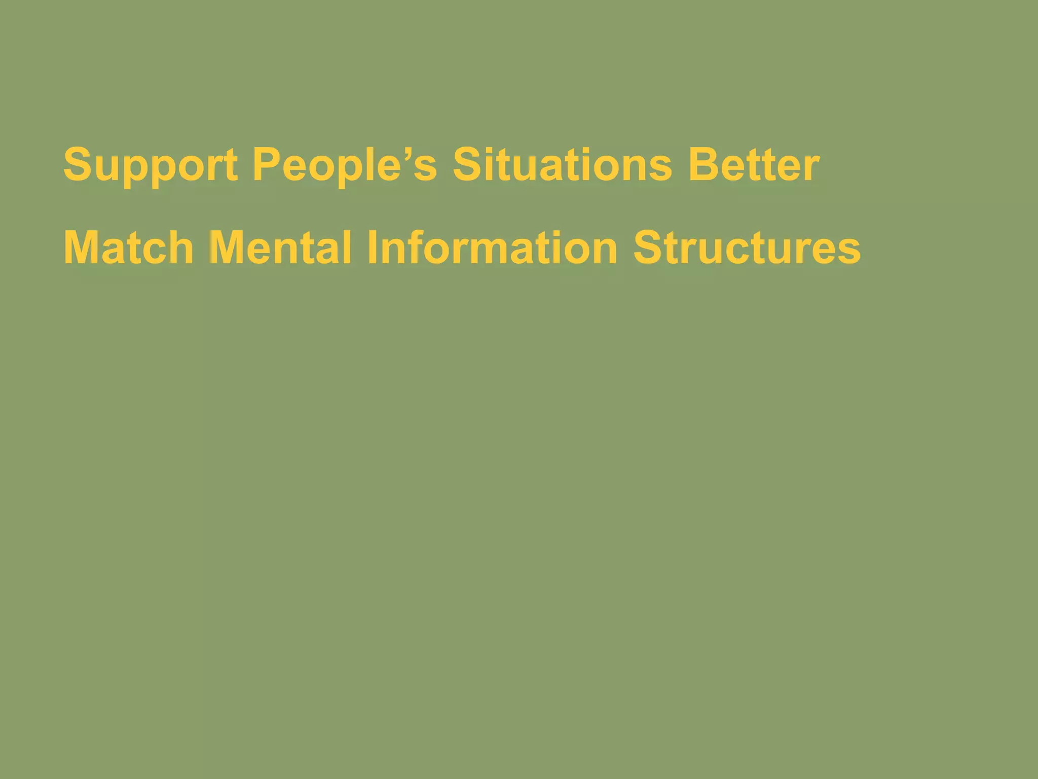 Support People’s Situations Better
Match Mental Information Structures
Strategize, Prioritize
Skip Writing Huge Requirements Docs
Help Teams Work Together
 