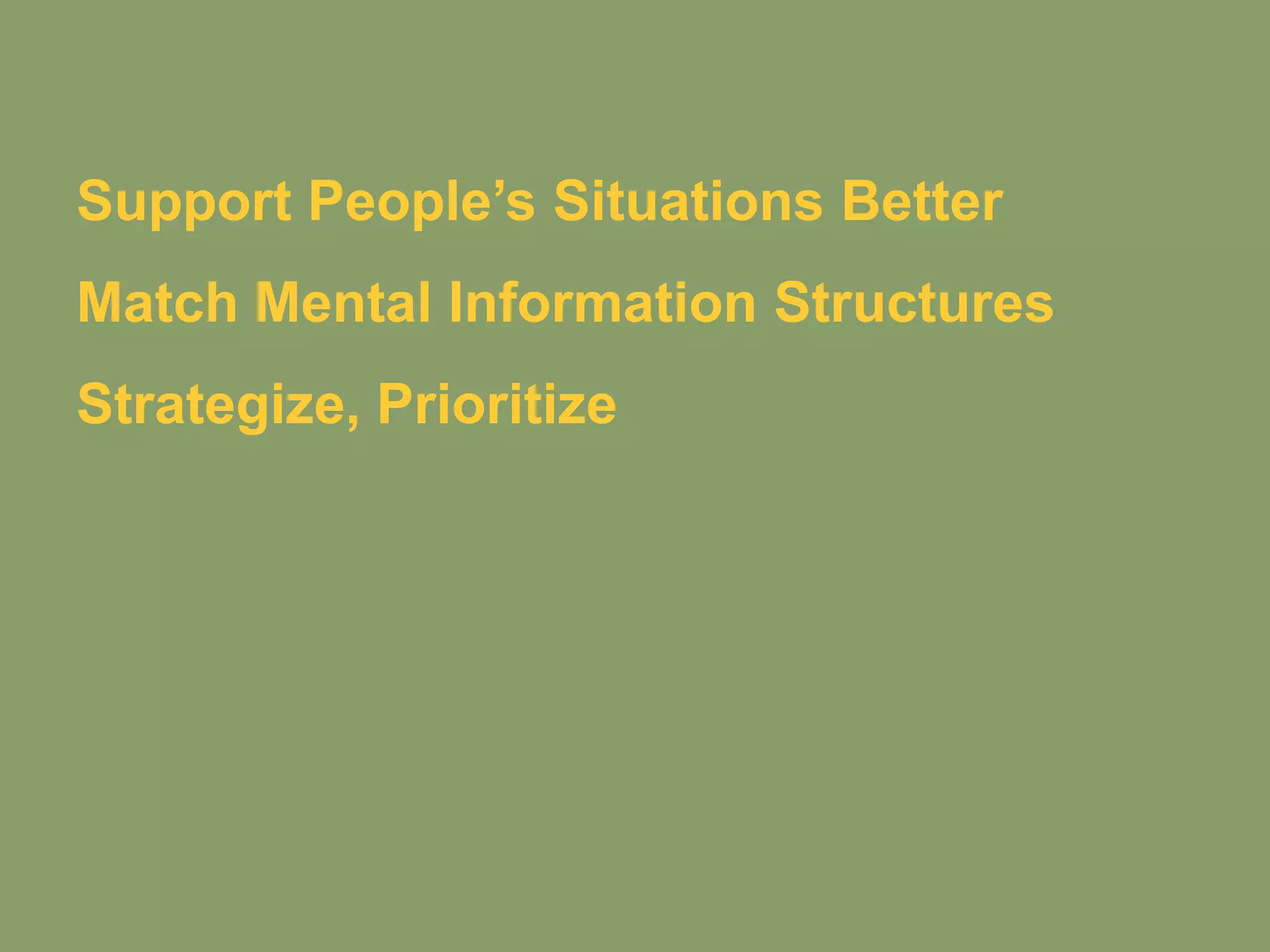Support People’s Situations Better
Match Mental Information Structures
Strategize, Prioritize
Skip Writing Huge Requirements Docs
Help Teams Work Together
 