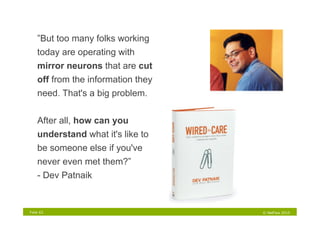 ”But too many folks working
    today are operating with
    mirror neurons that are cut
    off from the information they
    need. That's a big problem.


    After all, how can you
    understand what it's like to
    be someone else if you've
    never even met them?”
    - Dev Patnaik


Folie 63                            © NetFlow 2010
 