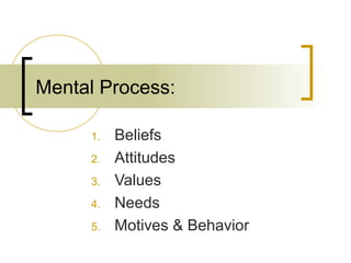 Mental Process:
1. Beliefs
2. Attitudes
3. Values
4. Needs
5. Motives & Behavior
 