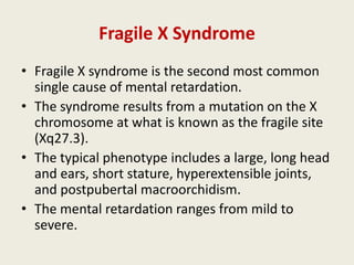 Fragile X Syndrome
• Fragile X syndrome is the second most common
  single cause of mental retardation.
• The syndrome results from a mutation on the X
  chromosome at what is known as the fragile site
  (Xq27.3).
• The typical phenotype includes a large, long head
  and ears, short stature, hyperextensible joints,
  and postpubertal macroorchidism.
• The mental retardation ranges from mild to
  severe.
 