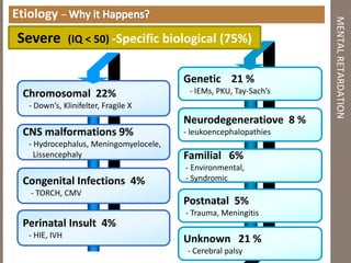 MENTALRETARDATION
Etiology –
Chromosomal 22%
- Down’s, Klinifelter, Fragile X
CNS malformations 9%
- Hydrocephalus, Meningomyelocele,
Lissencephaly
Congenital Infections 4%
- TORCH, CMV
Perinatal Insult 4%
- HIE, IVH
Genetic 21 %
- IEMs, PKU, Tay-Sach’s
Neurodegeneratiove 8 %
- leukoencephalopathies
Familial 6%
- Environmental,
- Syndromic
Postnatal 5%
- Trauma, Meningitis
Unknown 21 %
- Cerebral palsy
Severe (IQ < 50) -Specific biological (75%)
 