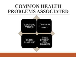 COMMON HEALTH
PROBLEMS ASSOCIATED
BEHAVIOURAL
PROBLEMS
CONVULSIONS
OR FITS
SENSORY
IMPAIRMENT
OTHER
DEVELOPM-
ENTAL
DISABILITIES
 