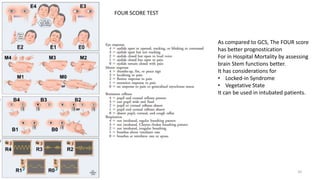 10
As compared to GCS, The FOUR score
has better prognostication
For in Hospital Mortality by assessing
brain Stem functions better.
It has considerations for
• Locked-in Syndrome
• Vegetative State
It can be used in intubated patients.
FOUR SCORE TEST
 