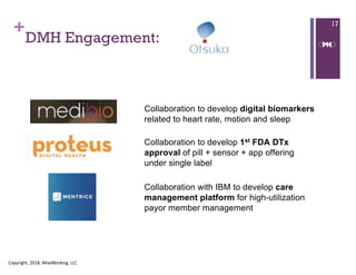 +
DMH Engagement:
Copyright, 2018, WiseWorking, LLC
17
Collaboration to develop digital biomarkers
related to heart rate, motion and sleep
Collaboration to develop 1st FDA DTx
approval of pill + sensor + app offering
under single label
Collaboration with IBM to develop care
management platform for high-utilization
payor member management
 