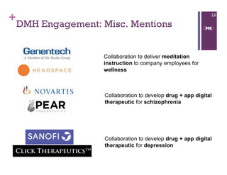 +
DMH Engagement: Misc. Mentions
19
Collaboration to deliver meditation
instruction to company employees for
wellness
Collaboration to develop drug + app digital
therapeutic for schizophrenia
Collaboration to develop drug + app digital
therapeutic for depression
 