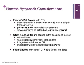 +
Pharma Approach Considerations
§ Pharma’s Pet Peeves with DTx:
• more interested in short-term selling than in longer
term partnering
• point solutions versus holistic platforms
• viewing pharma as sales & distribution channel
§ When proposal failure occurs, often because of lack of:
• societal need,
• value-based & behavioral change case
• integration with Pharma BU
• integration with established care pathways
§ Pharma loves the value in DTx data and its insights
Copyright, 2018, WiseWorking, LLC
23
 