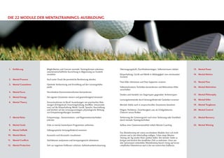 Die 22 Module der Mentaltrainings-Ausbildung
	 1. 	 Einführung
	 2. 	 Mental Pressure
	 3. 	 Mental Countdown
	 4. 	 Mental Focus
	 5. 	 Mental Energy
	 6. 	 Mental Theory
	
	 7. 	 Mental Relax
	 8. 	 Mental Goals
	 9. 	 Mental Selftalk
	10.	 Mental Movie
	11. 	 Mental Conflicts
	12. 	 Mental Protection	
	13. 	 Mental Power
	14. 	 Mental Motion
	15. 	 Mental Flow
	16. 	 Mental Motivation
	17. 	 Mental Philosophy
	18. 	 Mental Killer
	19. 	 Mental Toughness
	20. 	 Mental Control
	21. 	 Mental Recovery
	22. 	 Mental Winning
Möglichkeiten und Grenzen mentaler Trainingsformen erkennen;
naturwissenschaftliche Ausrichtung in Abgrenzung zur Esoterik
verstehen
Auch unter Druck die persönliche Bestleistung abrufen
Optimale Vorbereitung und Einstellung auf den Leistungshöhe-
punkt
Verschiedene Konzentrationsformen kennenlernen
Die eigenen Emotionen steuern und gewinnbringend einsetzen
Stresssituationen im Beruf: Auswirkungen von psychischen Bela-
stungen (Erfolgsdruck, Erwartungshaltung, Konflikte, Umsatzziele
usw.) auf die Körperhaltung, Mimik, Gestik, Sprache, Ausstrahlung
und letztlich auf das Leistungsvermögen; physiologische Wirkung
von Entspannungsübungen verstehen
Entspannungs-, Konzentrations- und Regenerationstechniken
erlernen
Ziele zu mental trainierbaren Programmen umformen
Selbstgespräche leistungsfördernd einsetzen
Assoziativ und dissoziativ visualisieren
Störfaktoren analysieren und lerntypengerecht eliminieren
Sich vor negativen Einflüssen schützen; Aufmerksamkeitssteuerung
Überzeugungskraft, Durchhaltevermögen, Selbstvertrauen stärken
Körperhaltung, Gestik und Mimik in Abhängigkeit vom emotionalen
Zustand
Flow-Killer eliminieren und Flow-Supporter eruieren
Selbstmotivations-Techniken kennenlernen und Motivations-Killer
ausschalten
Denken und Handeln von Siegertypen gegenüber Verlierertypen
Leistungshemmende durch leistungsfördernde Gedanken ersetzen
Mentale Stärke auch in anspruchsvollen Situationen bewahren
Ehrgeiz, Perfektion, Zuverlässigkeit usw. als Erfolgsfaktoren;
Chancen versus Risiken
Verkürzung der Genesungszeit nach einer Verletzung oder Krankheit
durch mentale Trainingstechniken
Aufbau einer Gewinnermentalität mittels Mental-Coaching
Das Mentaltraining mit seinen verschiedenen Modulen lässt sich leicht
erlernen und in den Arbeitsalltag einfügen. Schon einige Minuten
Training am Tag werden Ihnen spürbar helfen, Ihre mentale Stärke zu
festigen und letztlich Ihre beruflichen Ziele zu realisieren. Unser aus
dem Spitzensport entwickeltes Mentaltraining basiert streng auf wissen-
schaftlichen Erkenntnissen und ist frei von esoterischen Einflüssen.
 