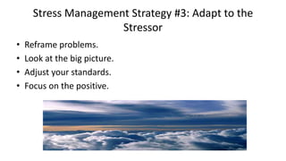 Stress Management Strategy #3: Adapt to the
Stressor
• Reframe problems.
• Look at the big picture.
• Adjust your standards.
• Focus on the positive.
 