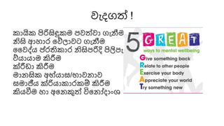 වැෙගත්ම !
කොයික පිරිසිඳුකම පවත්මවො ගැනීම
නිසි ආහො සේෙොවට ගැනීම
වවද්ය ප් තිකො නිසිපරිදි පිලිපැදීම
ේයොයොම කිරීම
ක්රීඩො කිරීම
මො සික අභ්යො /භොව ොව
මොජීය ක්රියොකො කම් කිරීම
කියවීම හො අස කුත්ම විස ෝෙොාංශ
 