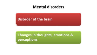 Mental disorders
Disorder of the brain
Changes in thoughts, emotions &
perceptions
 
