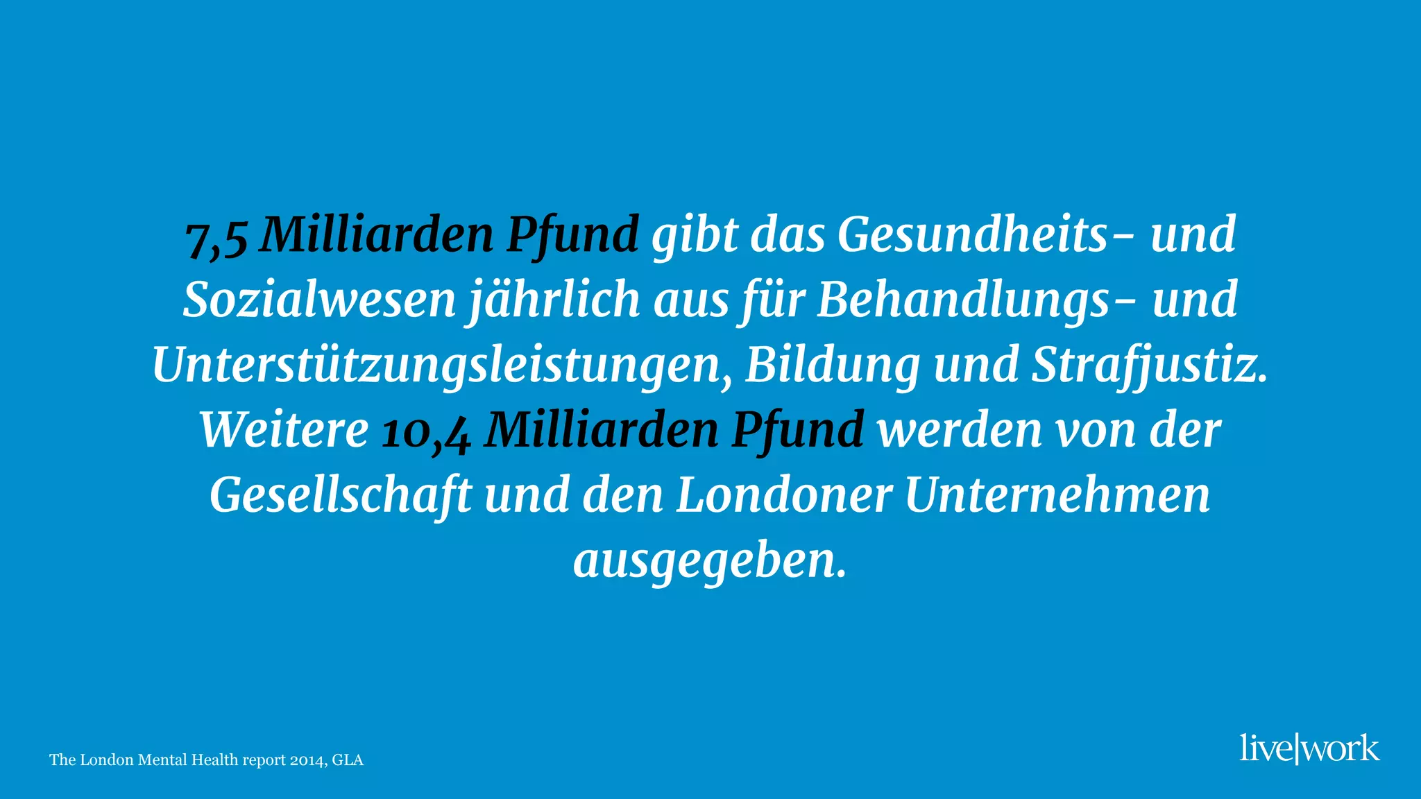 7,5 Milliarden Pfund gibt das Gesundheits- und
Sozialwesen jährlich aus für Behandlungs- und
Unterstützungsleistungen, Bildung und Strafjustiz.
Weitere 10,4 Milliarden Pfund werden von der
Gesellschaft und den Londoner Unternehmen
ausgegeben.
The London Mental Health report 2014, GLA
 