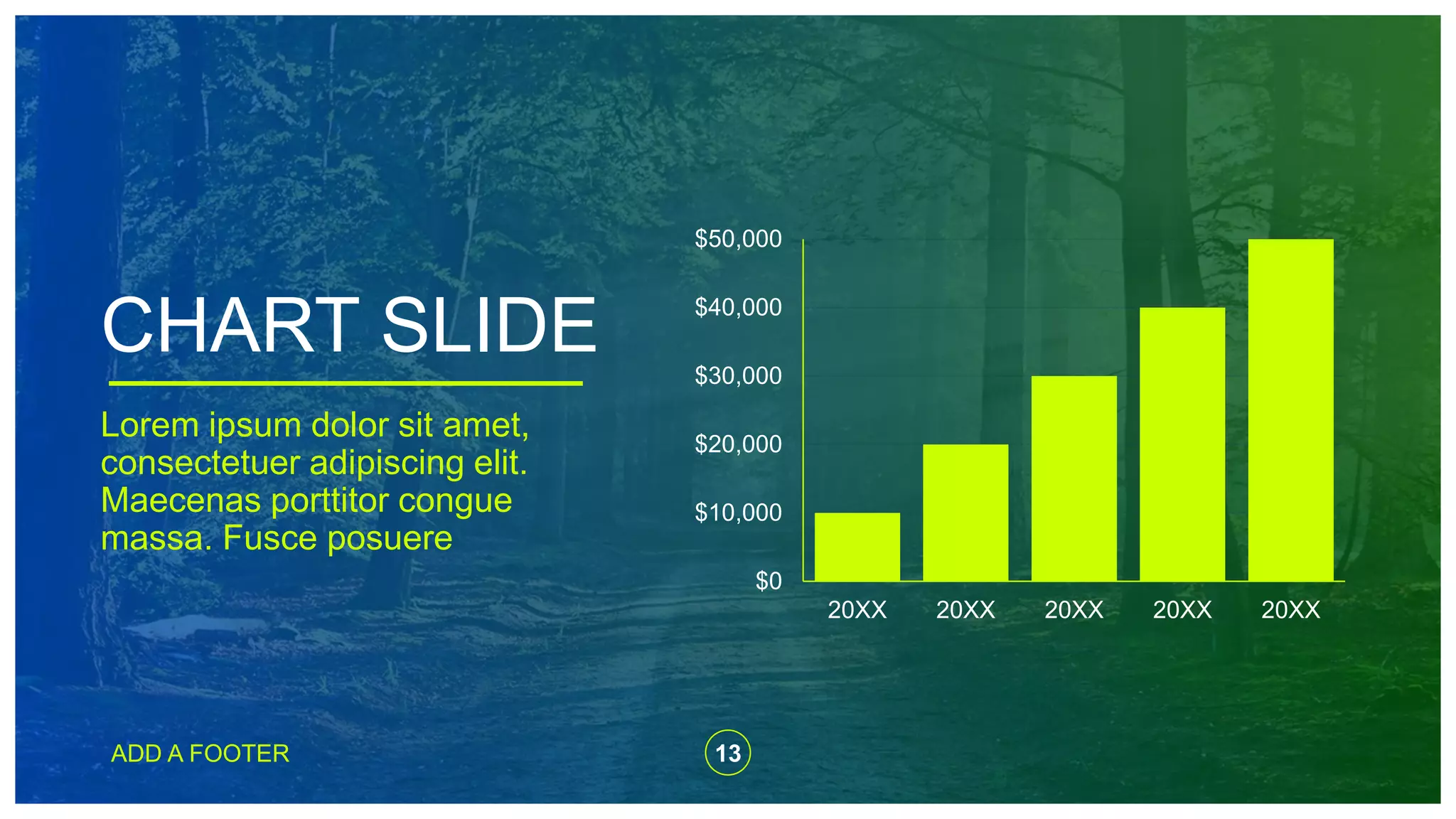 CHART SLIDE
Lorem ipsum dolor sit amet,
consectetuer adipiscing elit.
Maecenas porttitor congue
massa. Fusce posuere
$0
$10,000
$20,000
$30,000
$40,000
$50,000
20XX 20XX 20XX 20XX 20XX
ADD A FOOTER 13
 