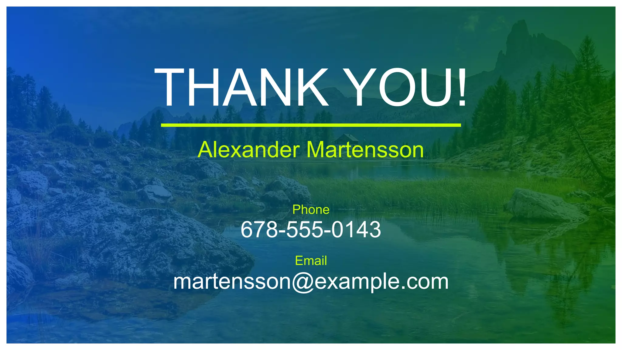 THANK YOU!
Alexander Martensson
Phone
678-555-0143
Email
martensson@example.com
 