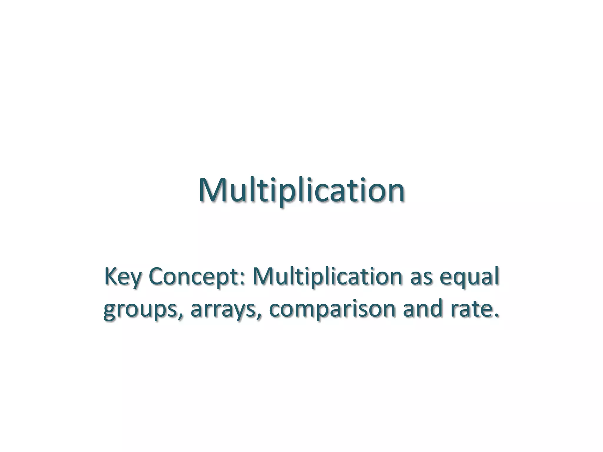 MultiplicationKey Concept: Multiplication as equal groups, arrays, comparison and rate. 