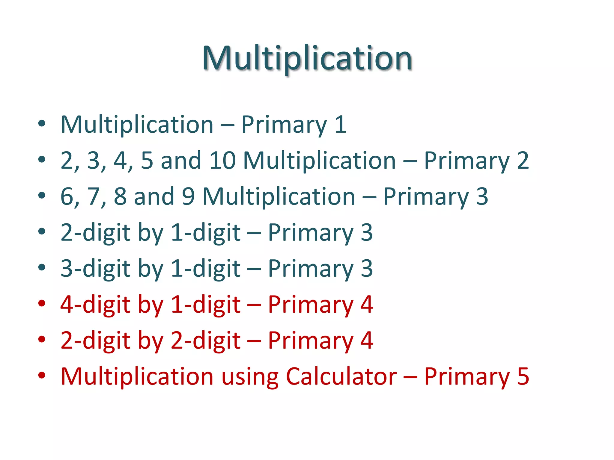 MultiplicationMultiplication – Primary 1 2, 3, 4, 5 and 10 Multiplication – Primary 2 6, 7, 8 and 9 Multiplication – Primary 3 2-digit by 1-digit – Primary 3 3-digit by 1-digit – Primary 34-digit by 1-digit – Primary 42-digit by 2-digit – Primary 4Multiplication using Calculator – Primary 5