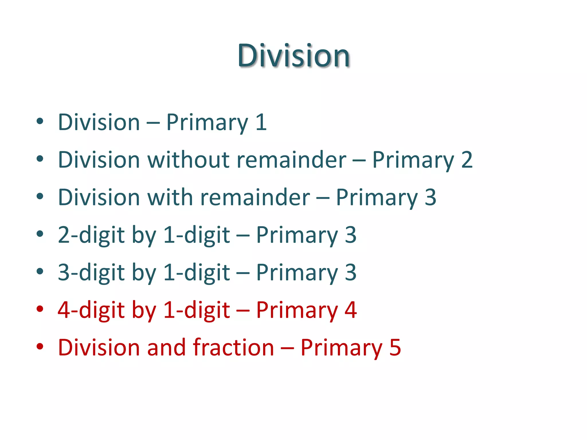 DivisionDivision – Primary 1 Division without remainder – Primary 2 Division with remainder – Primary 3 2-digit by 1-digit – Primary 3 3-digit by 1-digit – Primary 34-digit by 1-digit – Primary 4Division and fraction – Primary 5