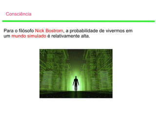 Consciência
Para o filósofo Nick Bostrom, a probabilidade de vivermos em
um mundo simulado é relativamente alta.
 