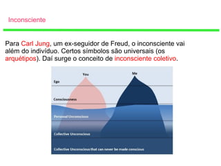 Inconsciente
Para Carl Jung, um ex-seguidor de Freud, o inconsciente vai
além do indivíduo. Certos símbolos são universais (os
arquétipos). Daí surge o conceito de inconsciente coletivo.
 