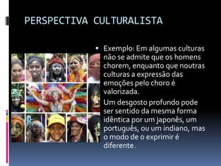 PERSPECTIVA CULTURALISTA
 Exemplo: Em algumas culturas
não se admite que os homens
chorem, enquanto que noutras
culturas a expressão das
emoções pelo choro é
valorizada.
 Um desgosto profundo pode
ser sentido da mesma forma
idêntica por um japonês, um
português, ou um indiano, mas
o modo de o exprimir é
diferente.
 