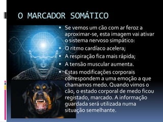 O MARCADOR SOMÁTICO
 Se vemos um cão com ar feroz a
aproximar-se, esta imagem vai ativar
o sistema nervoso simpático:
 O ritmo cardíaco acelera;
 A respiração fica mais rápida;
 A tensão muscular aumenta.
 Estas modificações corporais
correspondem a uma emoção a que
chamamos medo. Quando vimos o
cão, o estado corporal de medo ficou
registado, marcado.A informação
guardada será utilizada numa
situação semelhante.
 